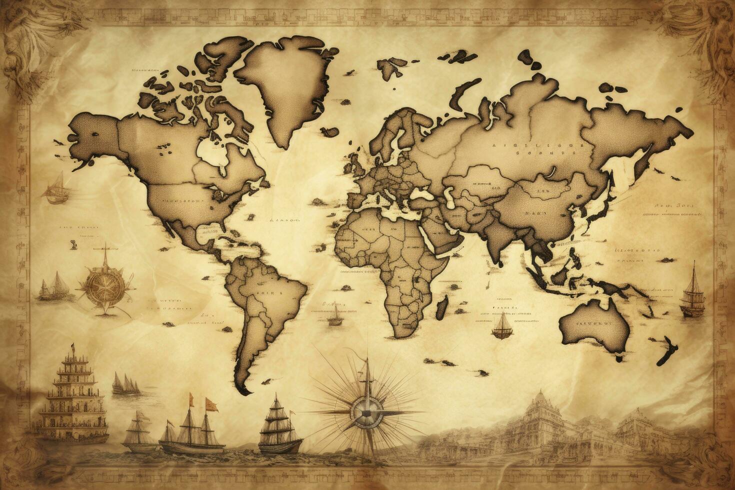 Great detailed illustration of the world map in vintage style. AI Generated photo