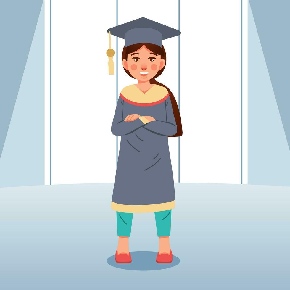 niña graduado estudiantes en pie en etapa plano estilo vector ilustración