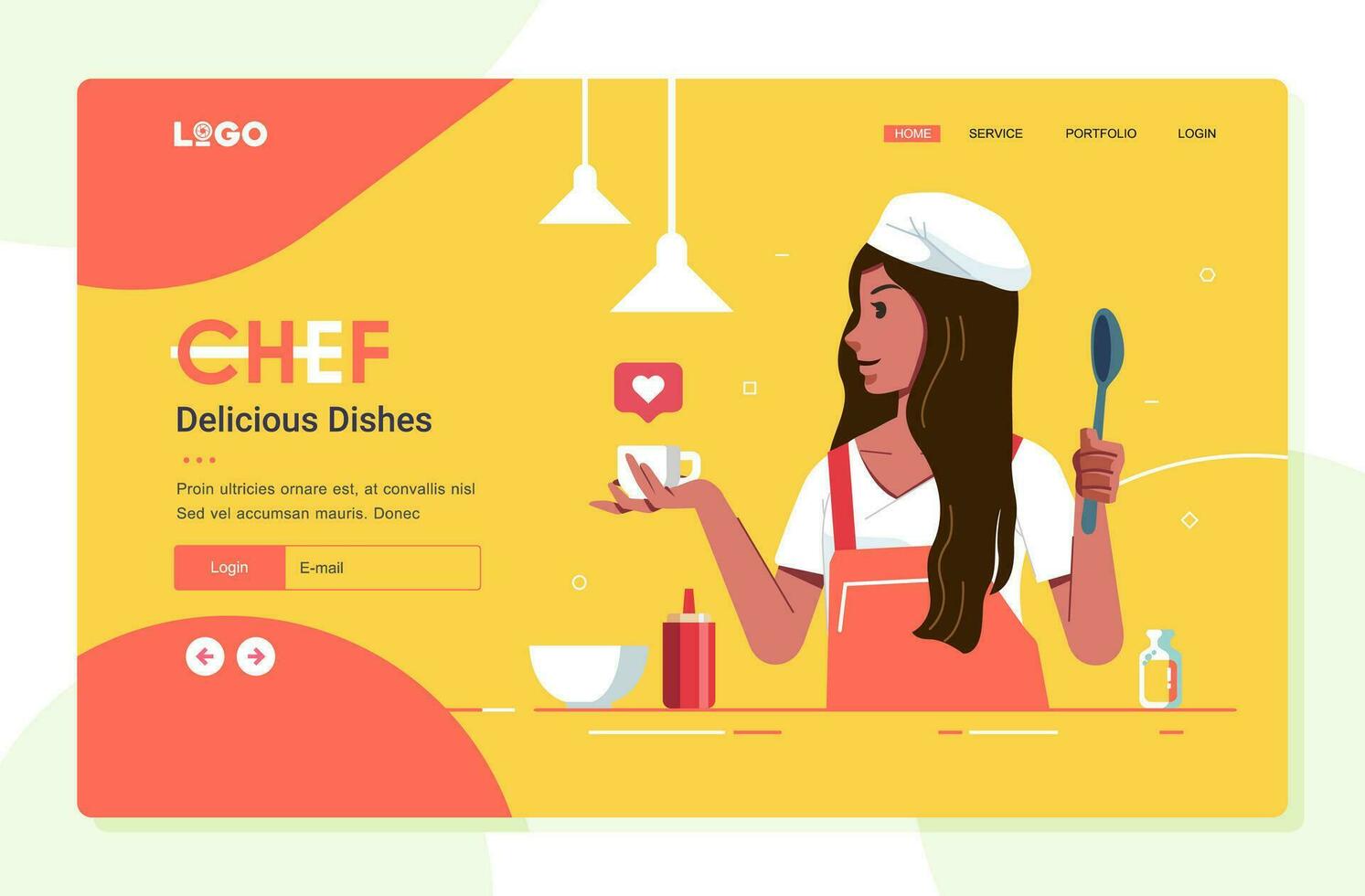 young girl illustration as chef on website banner template, cooking class website template illustration vector