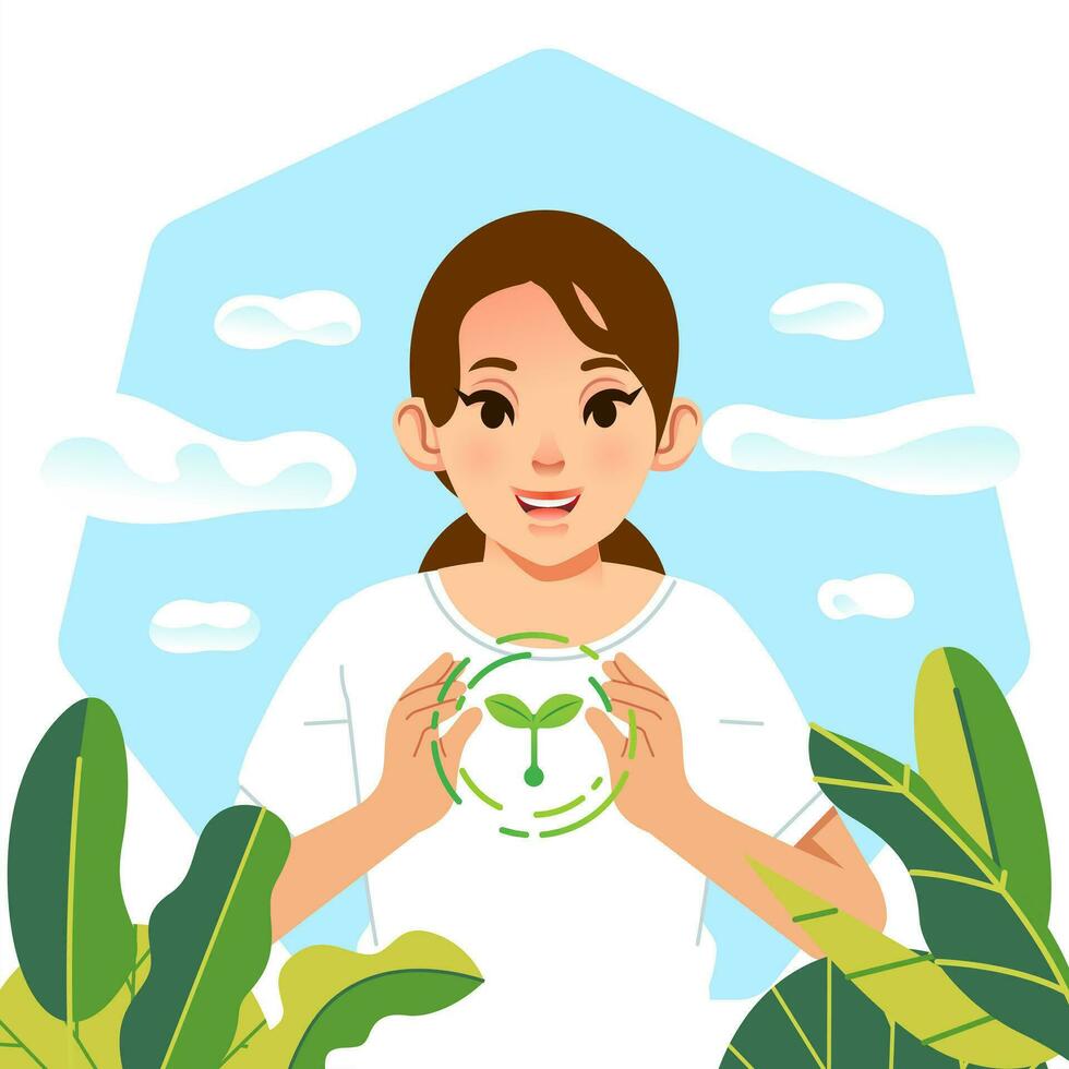 World Environment Earth Day. character woman holds handful soil with plant sprout seed. Sustainable lifestyle, green, ecological conversation, nature concept vector