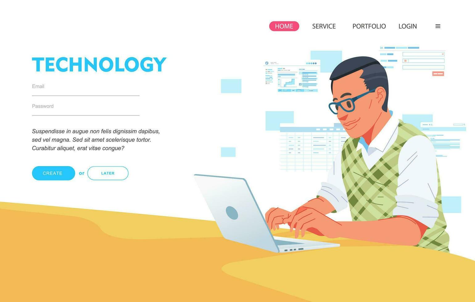 web engineer programming web sites on laptop landing page template, vector illustration