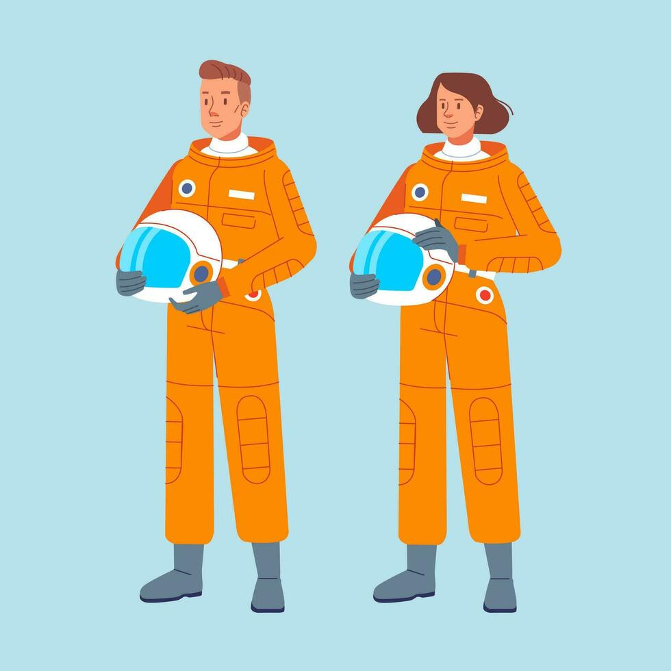 Male and female cosmonaut with helmet and spacesuit. man woman astronout character vector