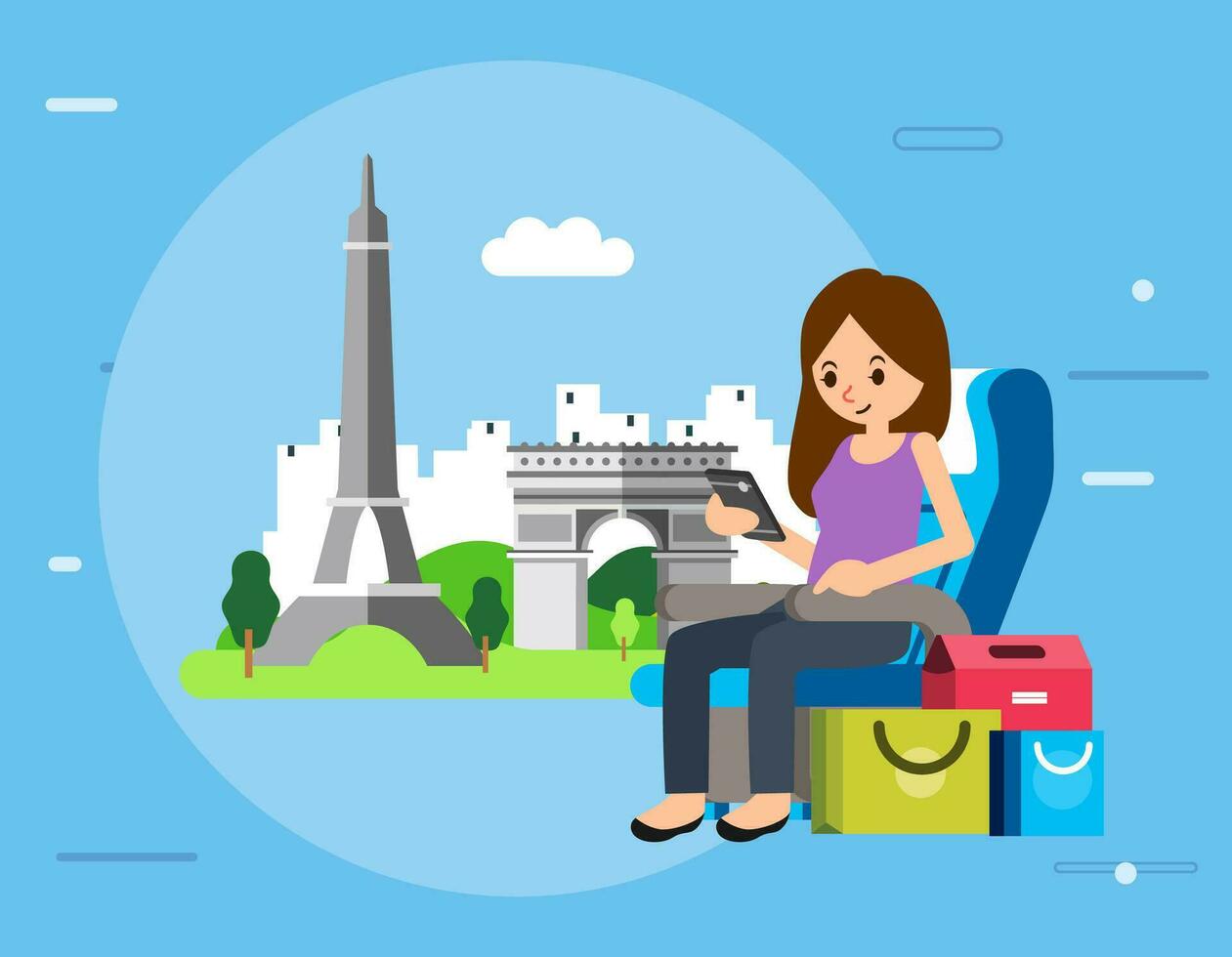 women holding smartphone and sit on airplane seat with shopping bag beside her and world famous landmark as background, vector illustration