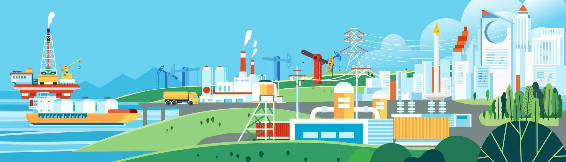 Landscape Various energy industries offshore oil, gas, rig, electric alternative factory transmit distribution electricity supply to power the city vector