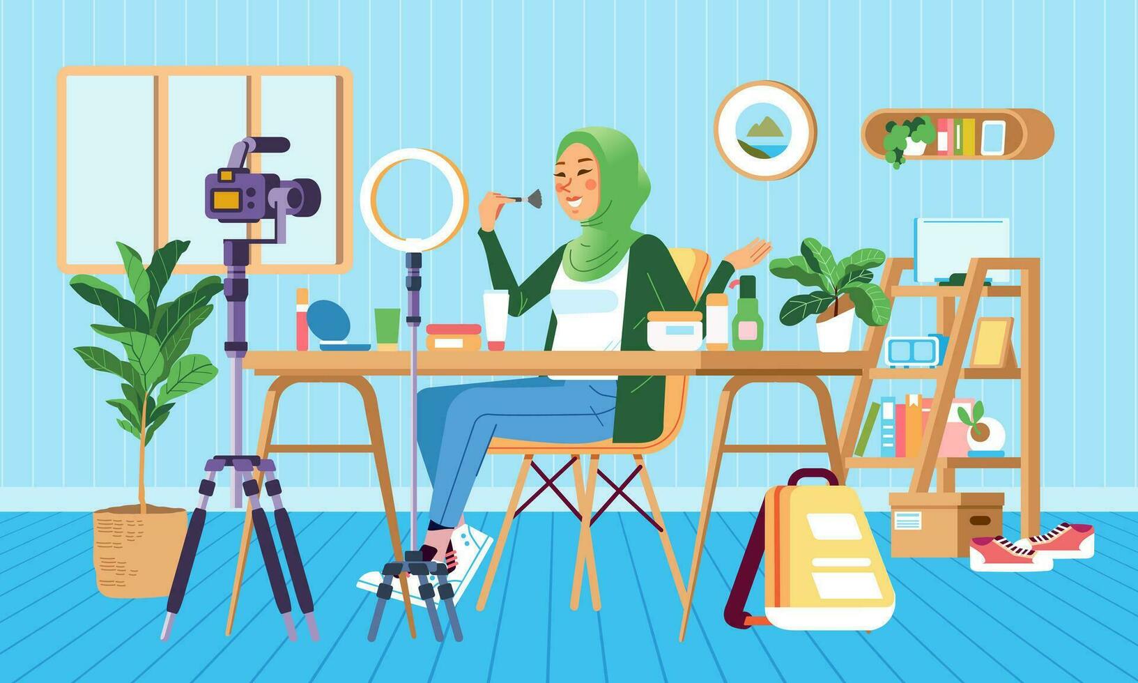 Female muslim hijab beauty blogger making review for cosmetics and recording video for her blog. Young woman talking about make up on vlog channel in room vector