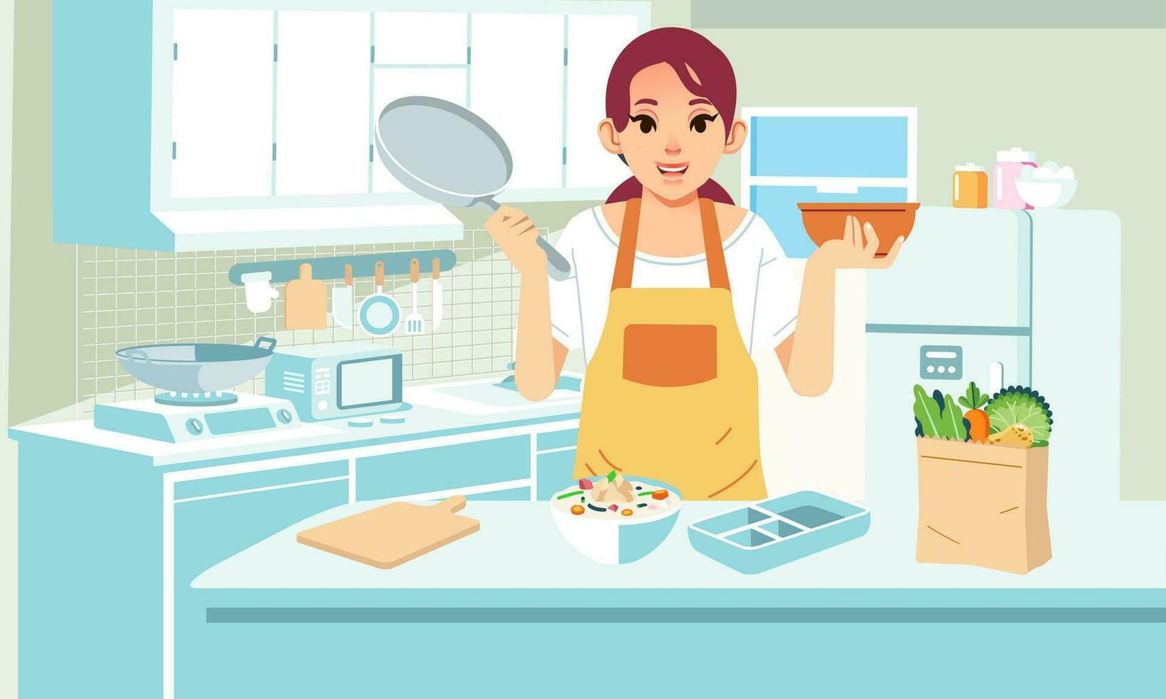 madre Cocinando en el cocina, comestibles y comida en el cocina mesa y cocina interior como un antecedentes vector