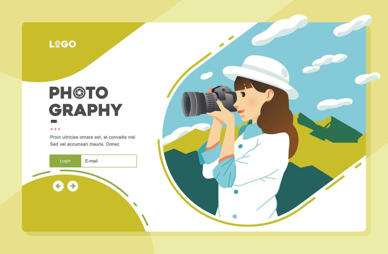 landing page template illustration with young women illustration taking a picture of mountain using digital camera, nature photography website template illustration vector