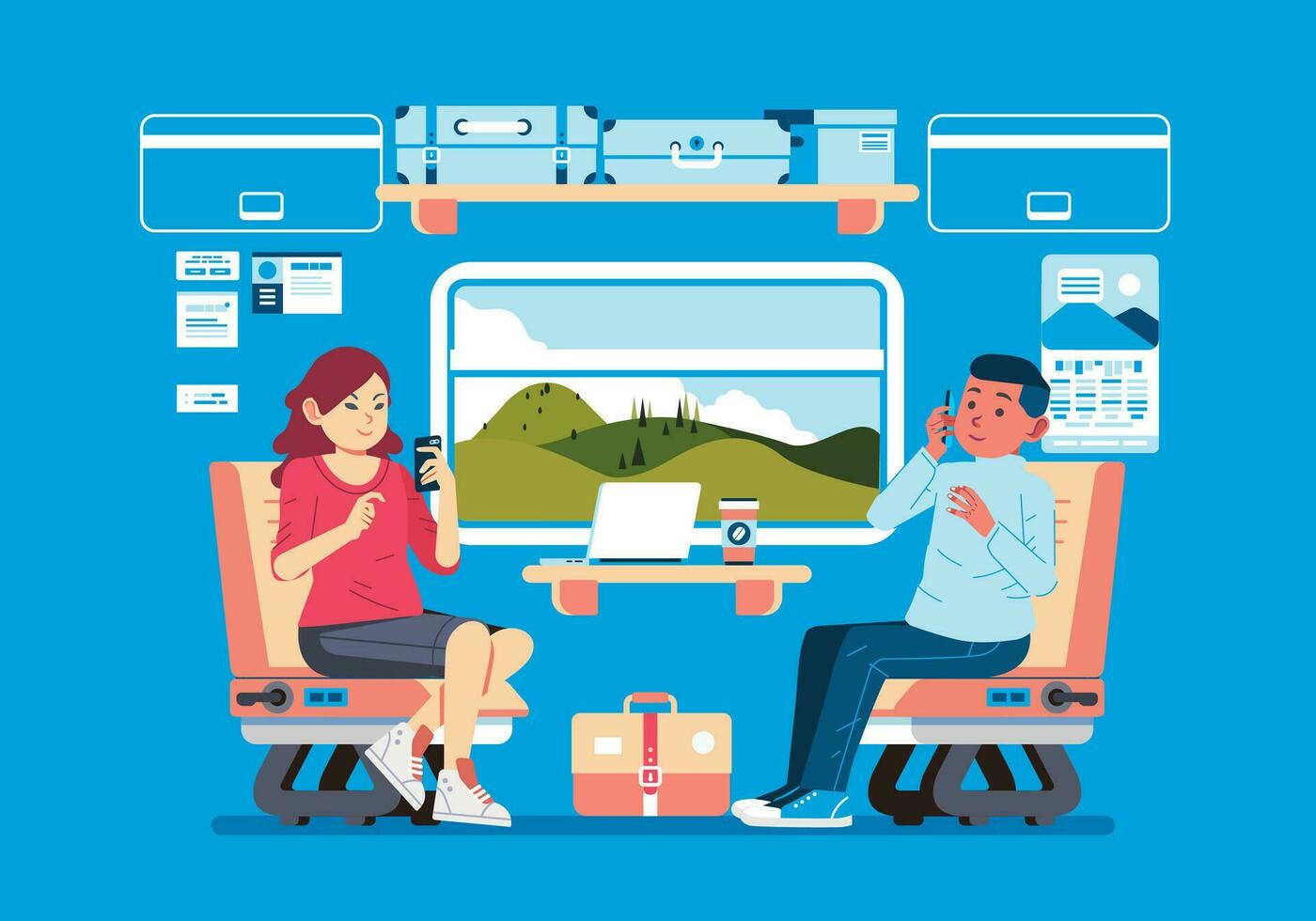 passenger train interior with man and women passenger busy with their phone, beaitufil landscape outside the window vector