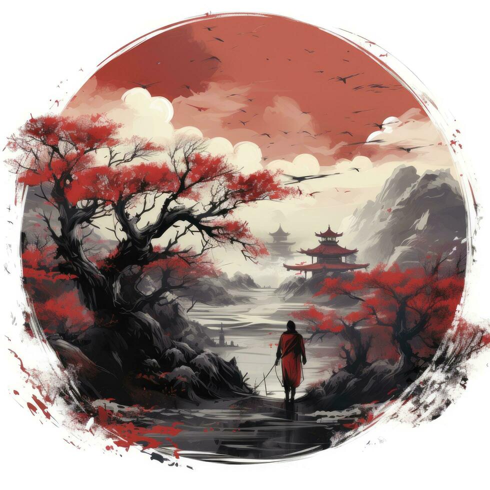 Chinese ink painting. T-shirt Design. AI Generated photo