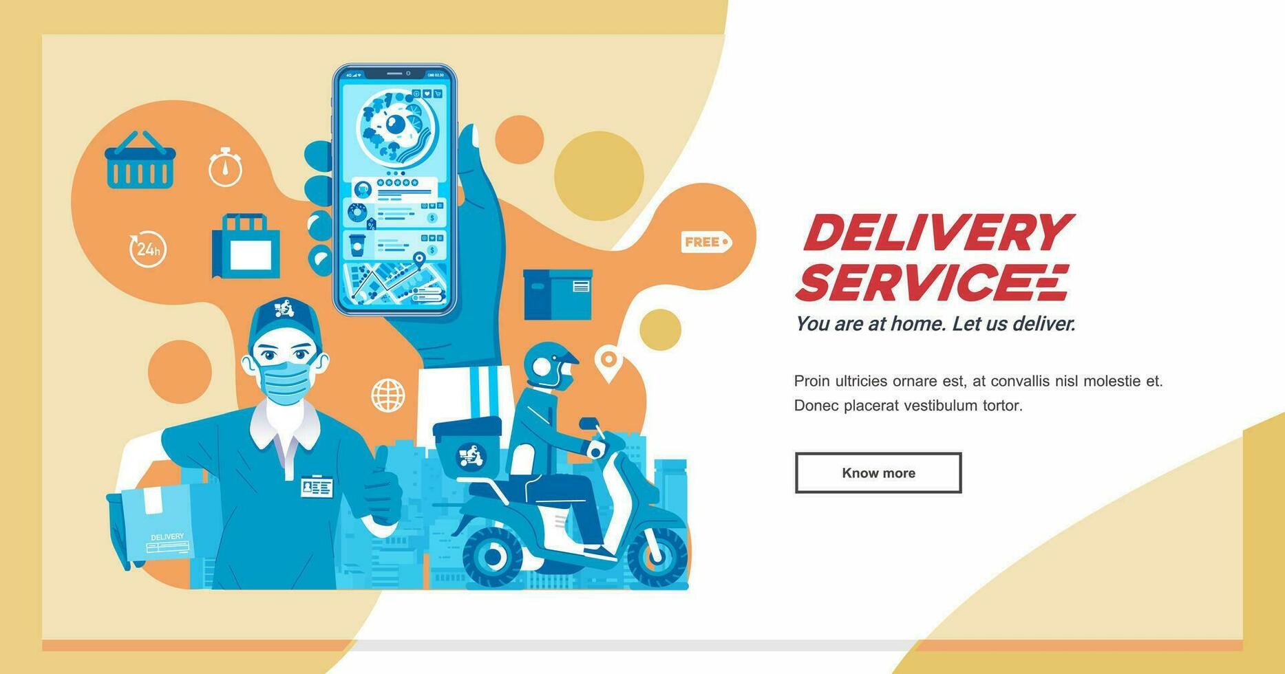 food delivery service company with man bringing box as mascot and courier riding motorcycle sending package to customer, phone app for orderring vector