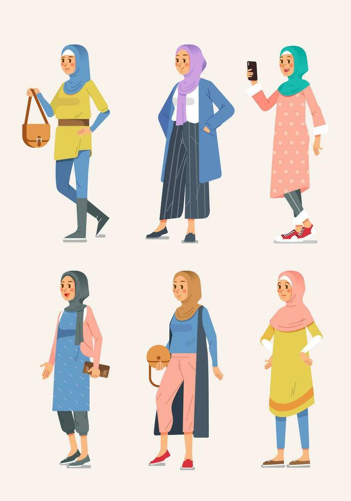 conjunto de isométrica mujer hijab Moda con varios estilo, musulmán mujer ilustración vector