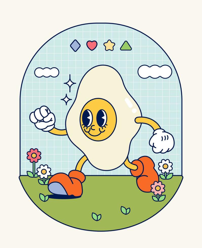 Hand draw Funny Retro vintage trendy style sunnyside egg cartoon character Contemporary illustration Doodle Comic collection vector