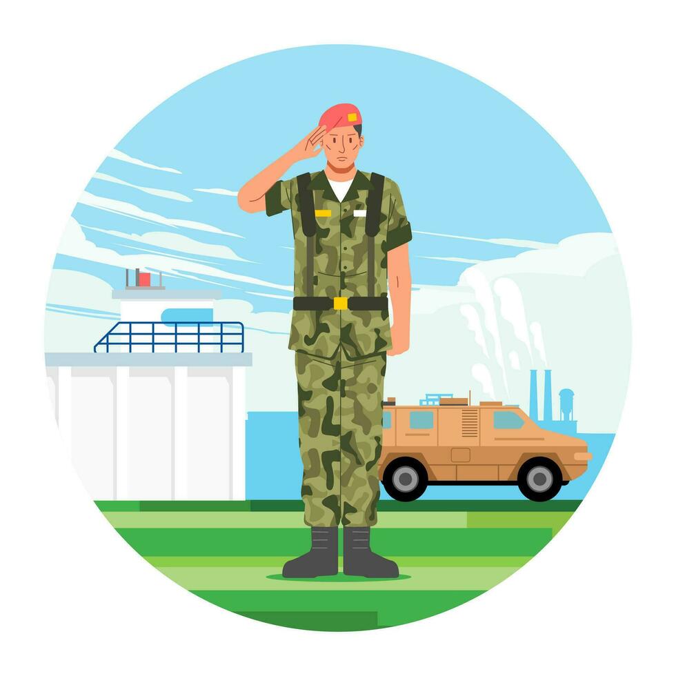 Stand by army soldier in uniform salute on military base and combat vehicle as background vector