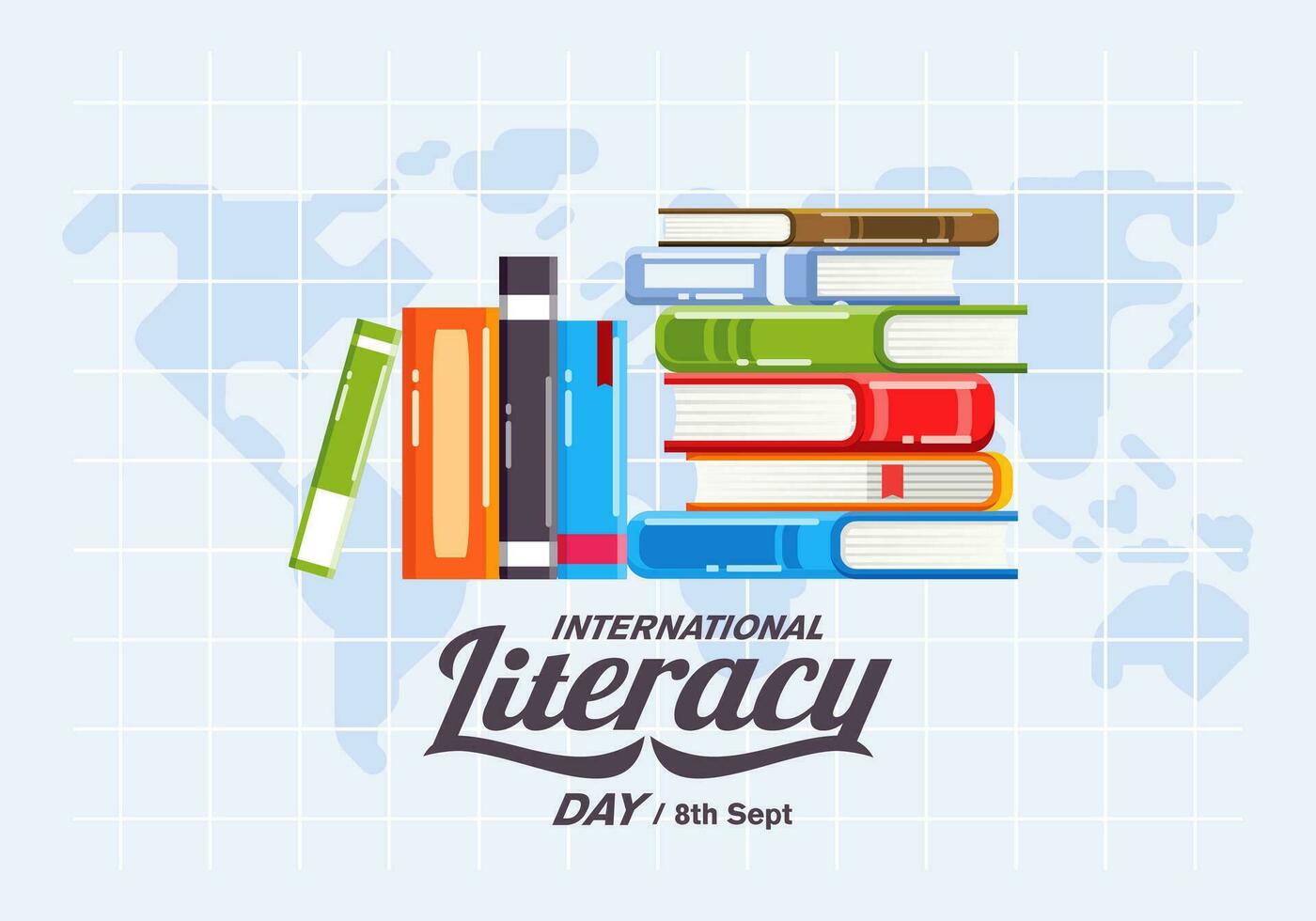 international literacy day poster campaign with stack of books and world map as a background vector illustration