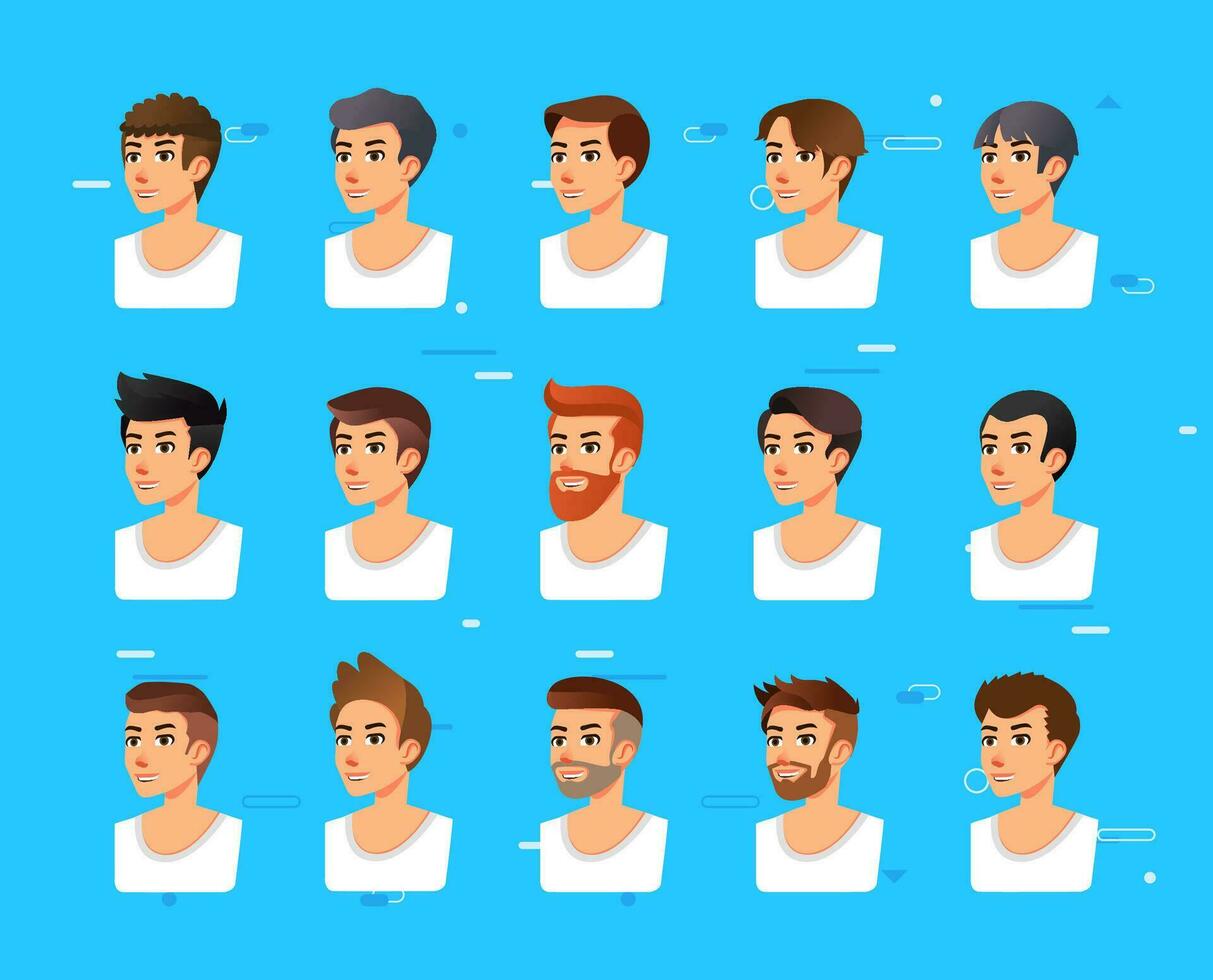 set isometric of stylish man hairstyle, different hairstyle of young man character vector