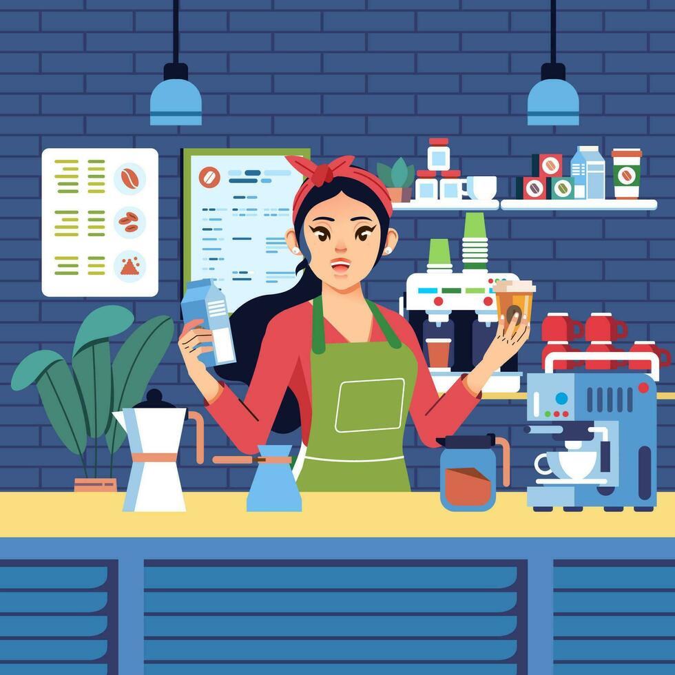 pretty young girl character as a barista, holding milk and glass of coffee. making coffee for customer, coffee maker machine, glass, menu and design cafe interior as background vector