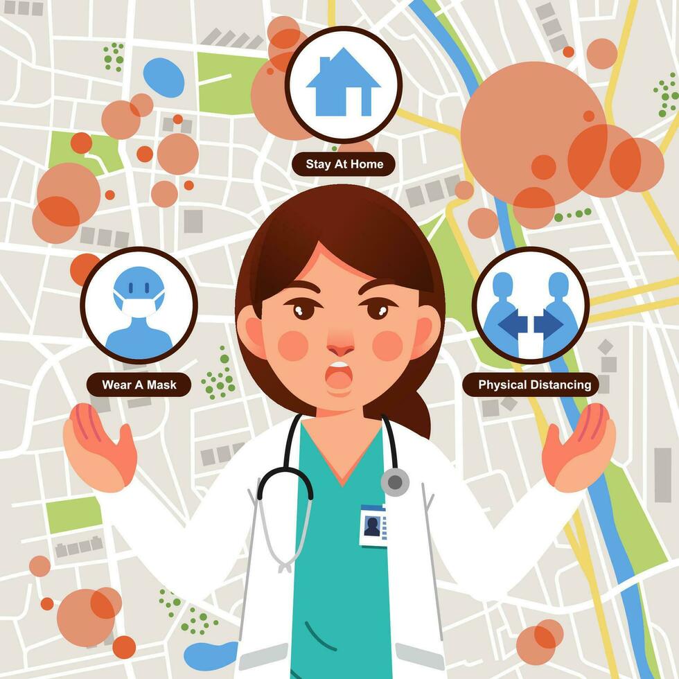 doctor giving information about virus contagiousness in town and how to prevent it flat vector illustration