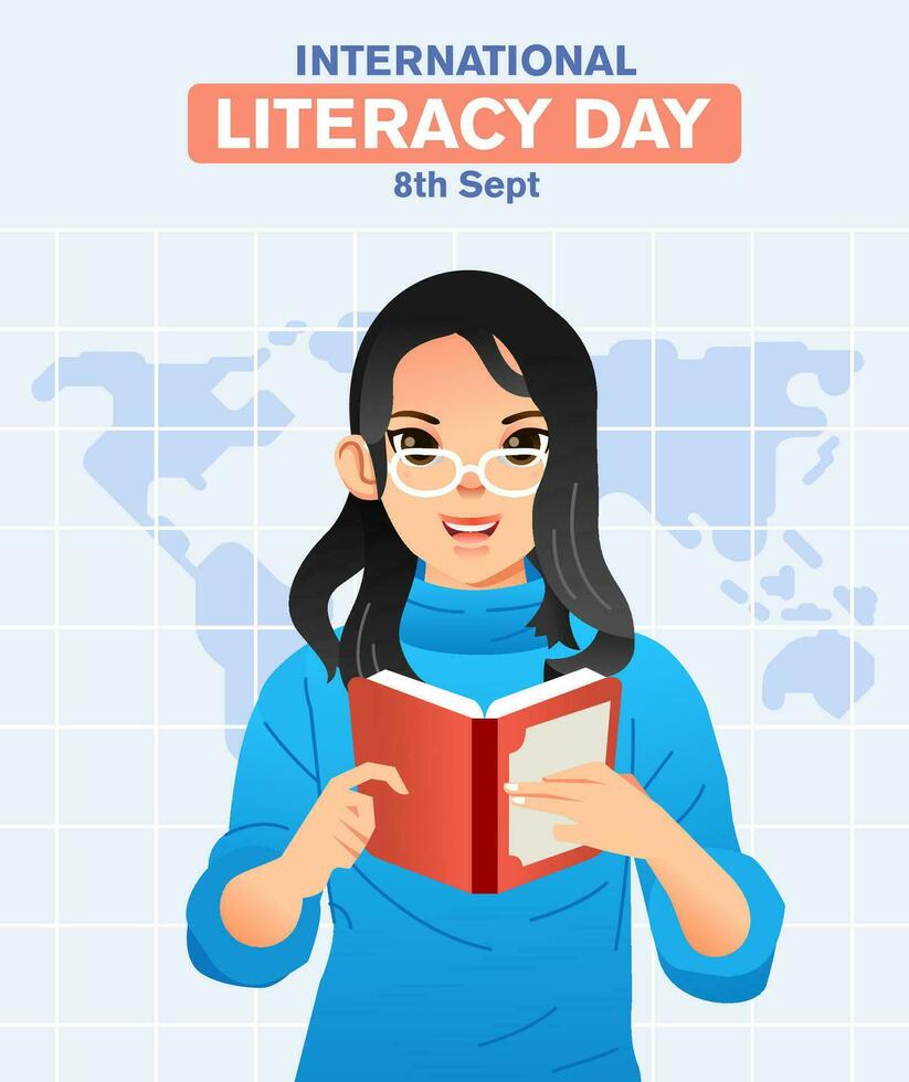 young girl wearing glasses and reading book with world map as background vector illustration for international literacy day