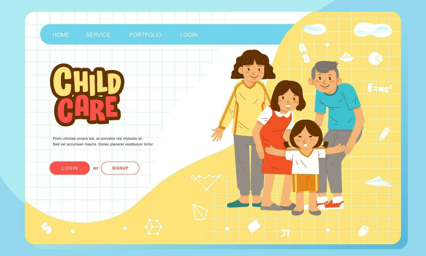 Landing page web or app design for kindergarten school. with illustrations of children, mothers, fathers and female teachers vector