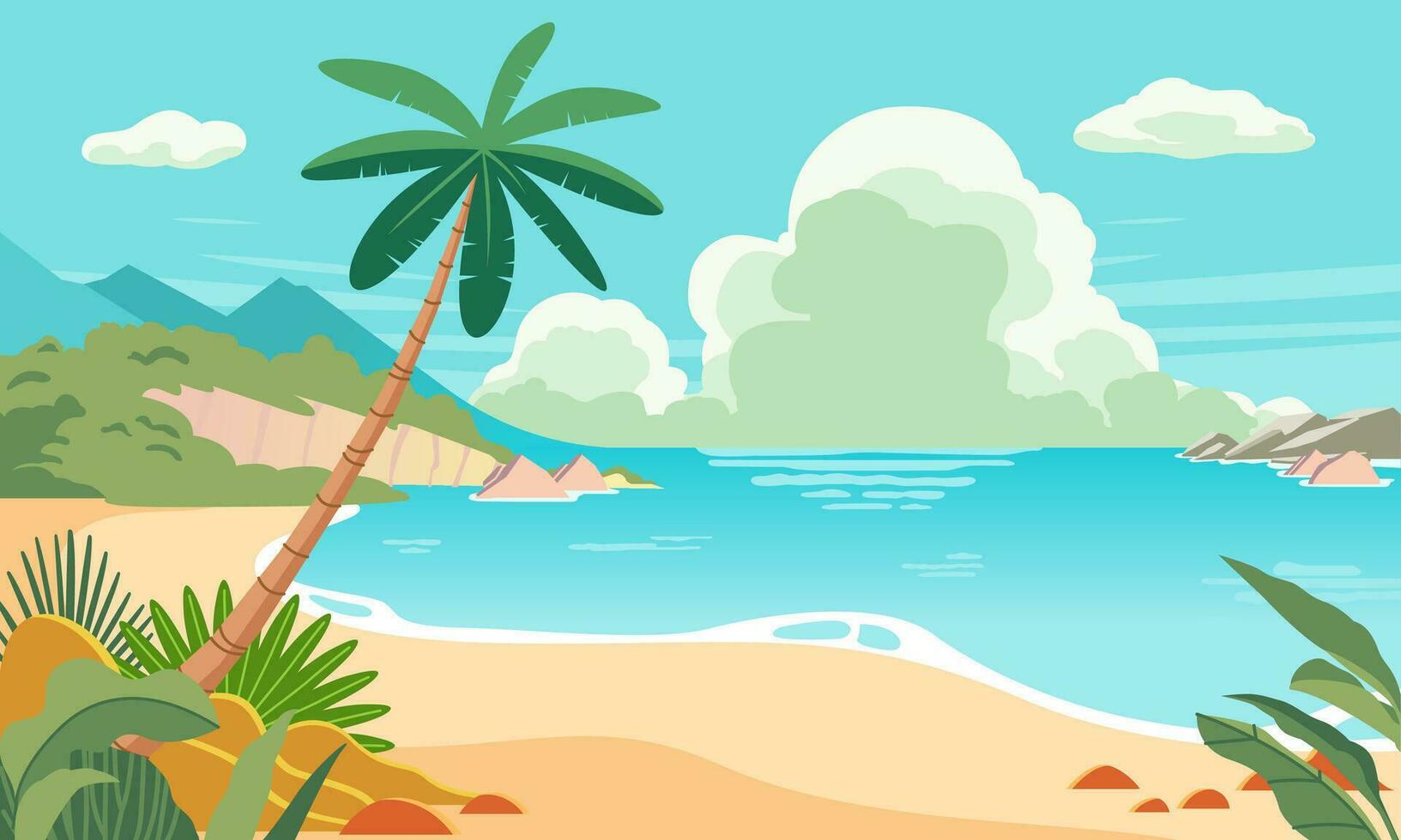 playa paisaje ilustración con muchos playa planta, soleado día en verano hora con azul cielo y nube vector