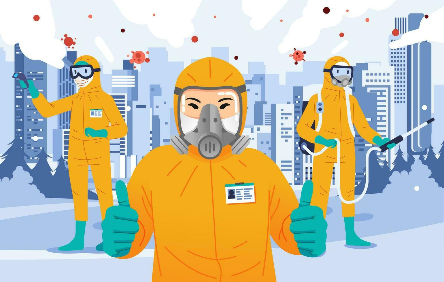 disinfectant officer wearing yellow hazmat suit thumbs up, spraying disinfectant and doing body temperature check with city as background vector