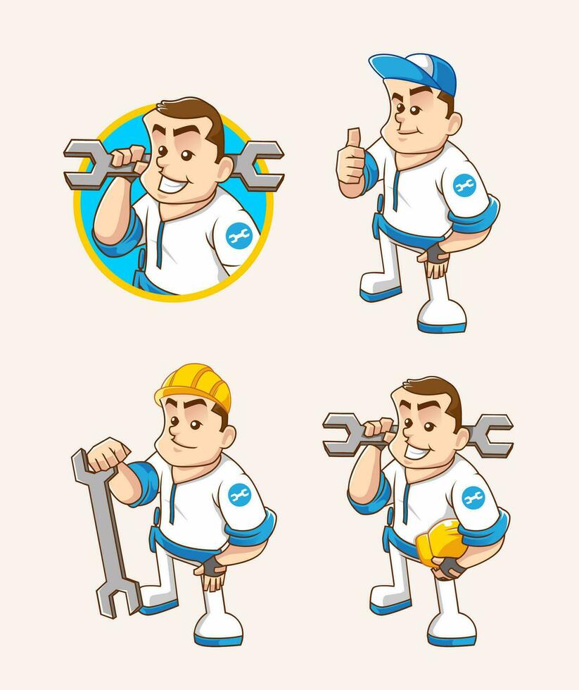 set isometric character of professional mechanic full and half body carrying tool and helmet vector illustration