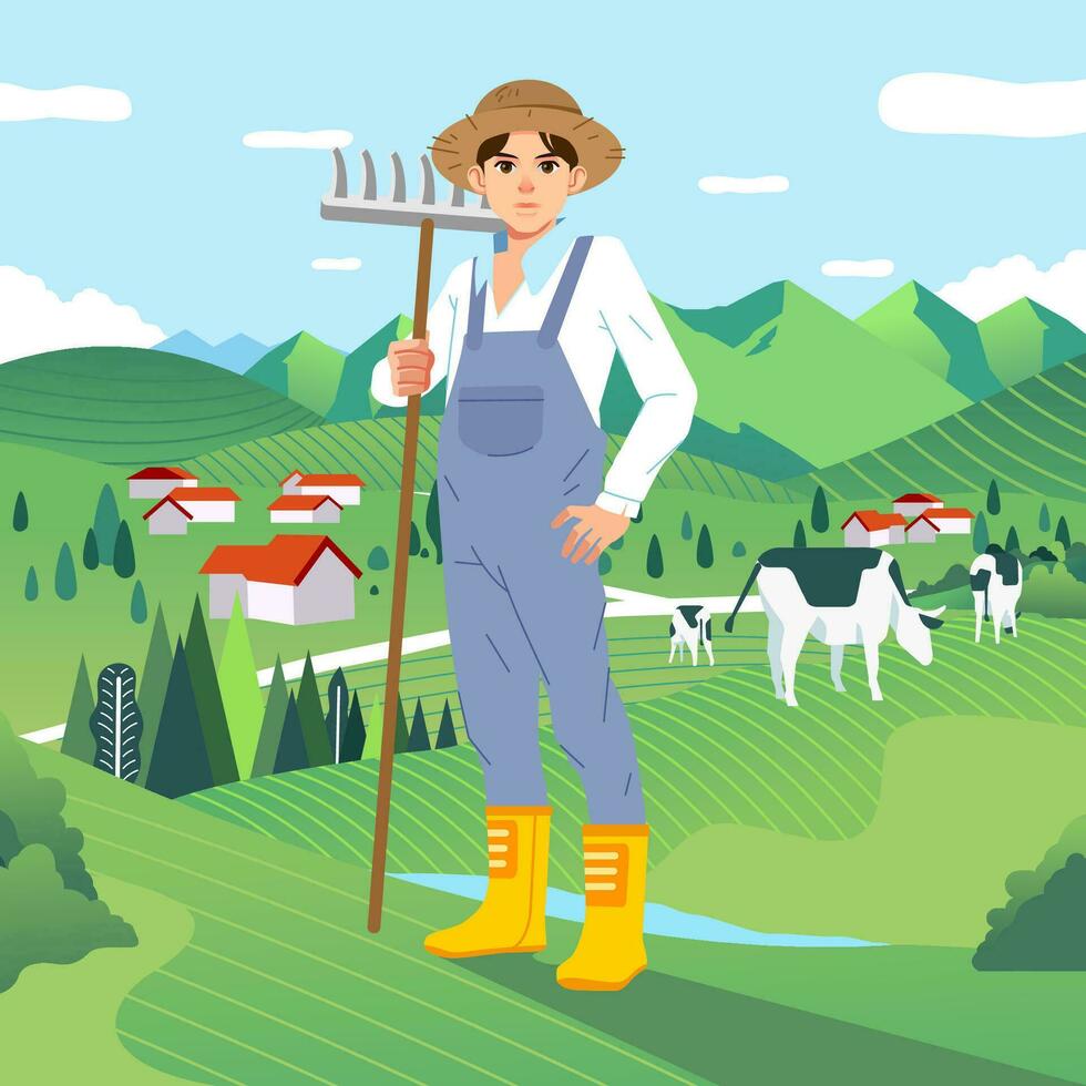 granjero personaje en pie mientras participación un Paja tenedor y verde césped con vacas pasto en el antecedentes vector