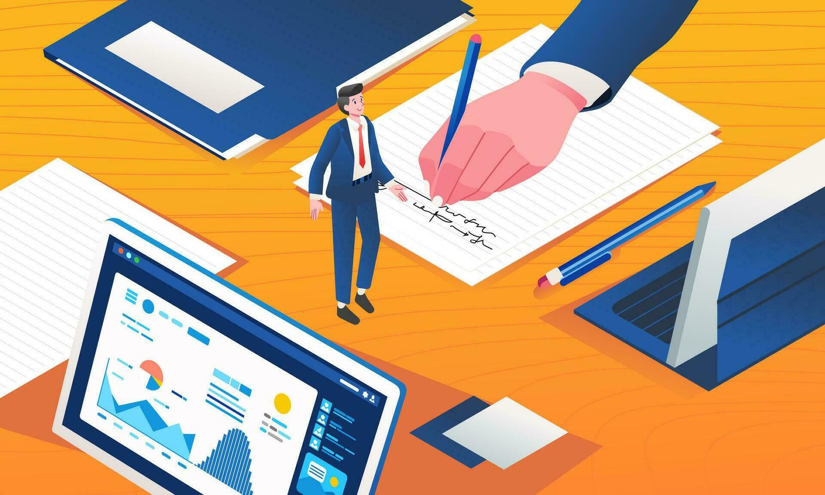 Isometric businessman hand signing document on meeting table with miniature businessman character walking on the table to check vector