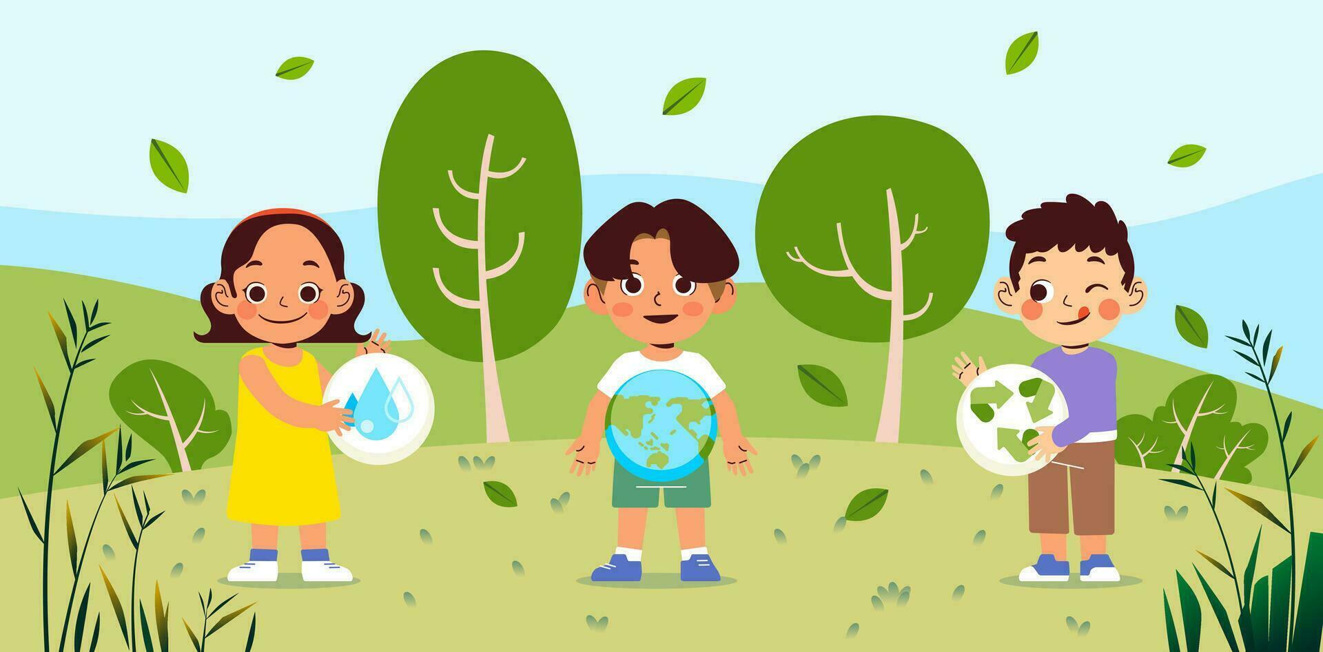 Word environment day children kids girl boy Sustainable eco friendly nature concept vector