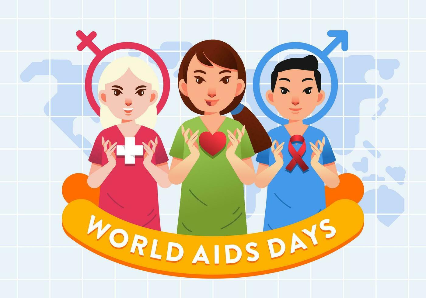 man and women group of health worker with heart and aids logo vector illustration for world aids days poster