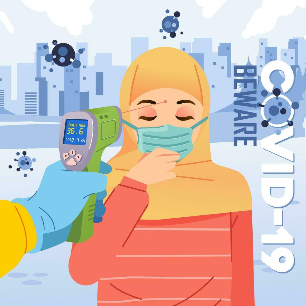 Thermogun body temperature checks to hijab women who wearing mask and cough vetor illustration vector