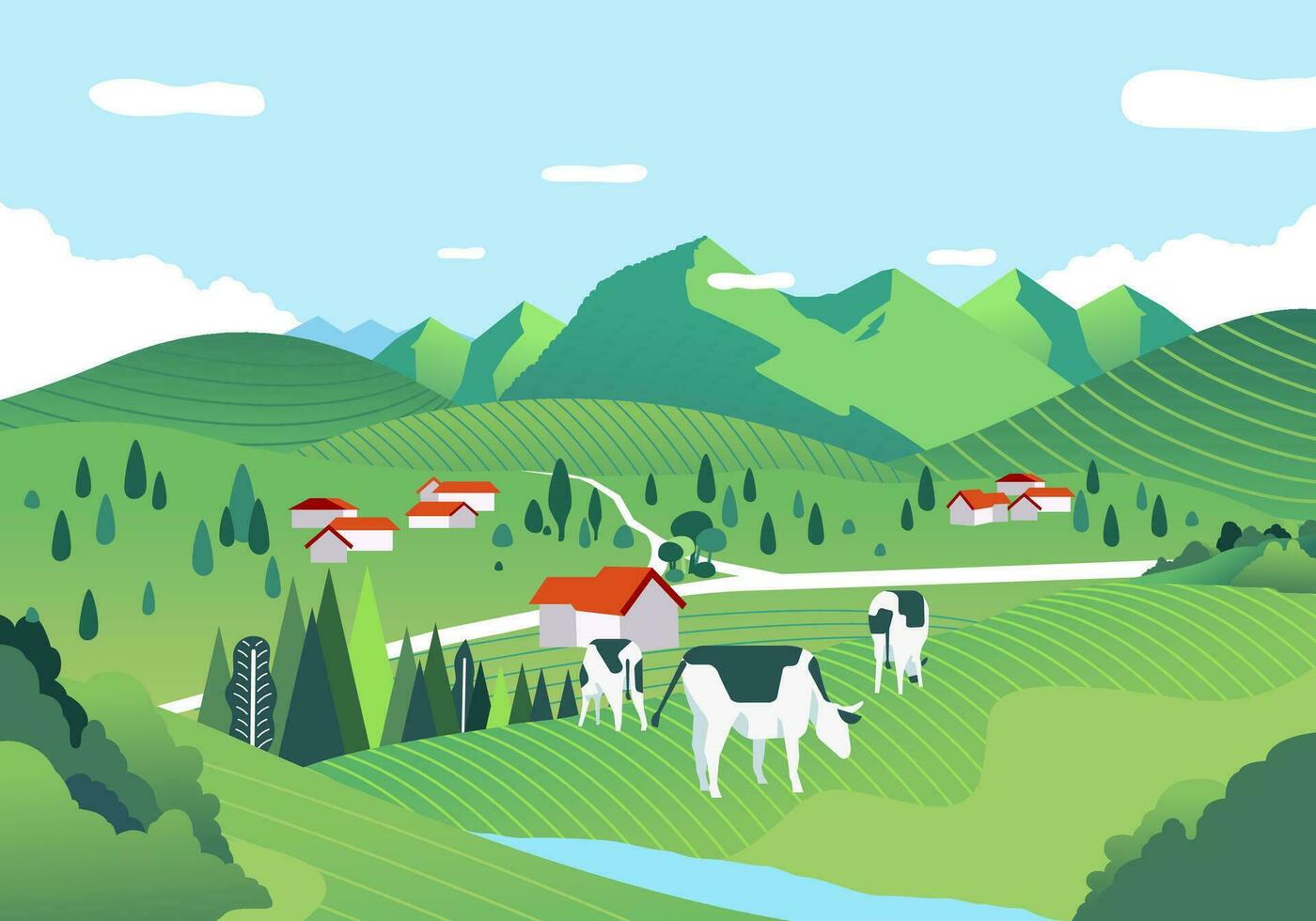 beatiful landscape with a vast expanse of green field, hill and cows are grazing vector illustration