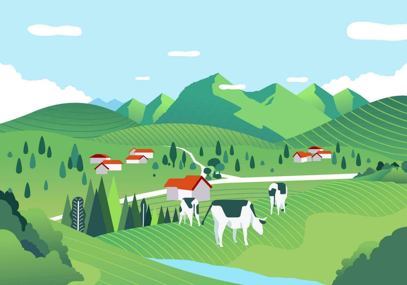 hermoso paisaje con un vasto extensión de verde campo, colina y vacas son pasto vector ilustración