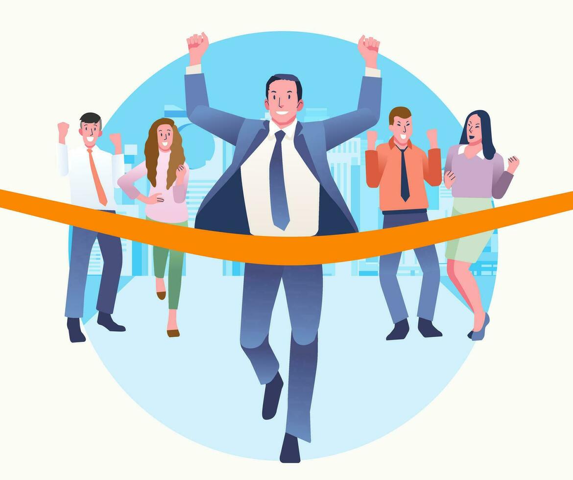 Businessman people running crossing red ribbon finish line celebrating  success cheers of friends behind vector