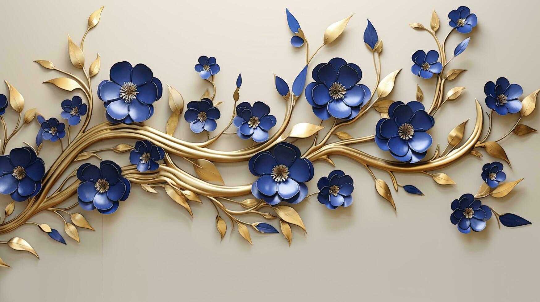Elegant gold and royal blue floral tree with leaves and flowers hanging branches illustration background. AI Generated. photo