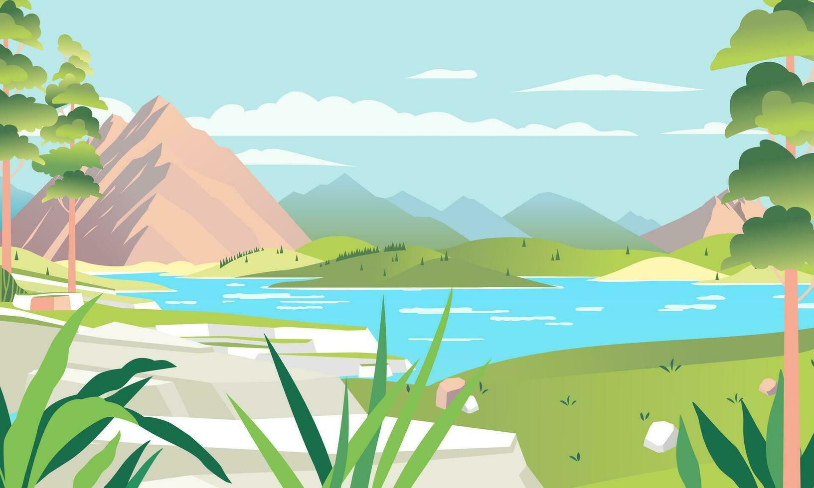 hermosa paisaje ilustración con montañoso, lago y ancho verde colina vector