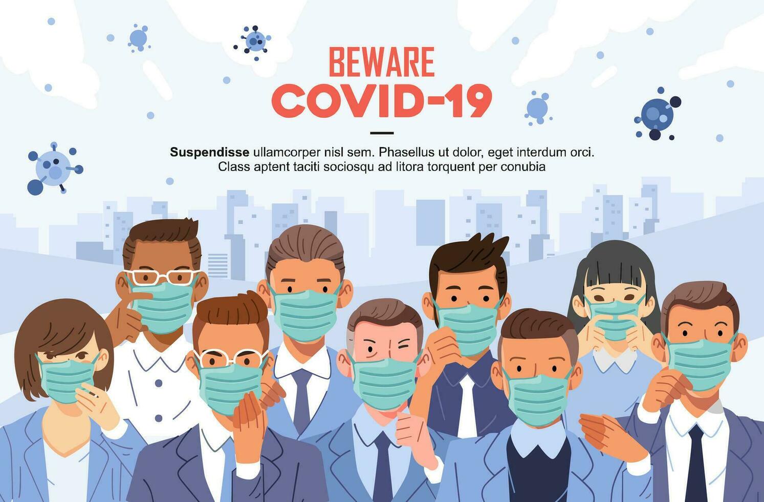 beware of covid 19 poster with many people young and old wearing mask to self prevention vector