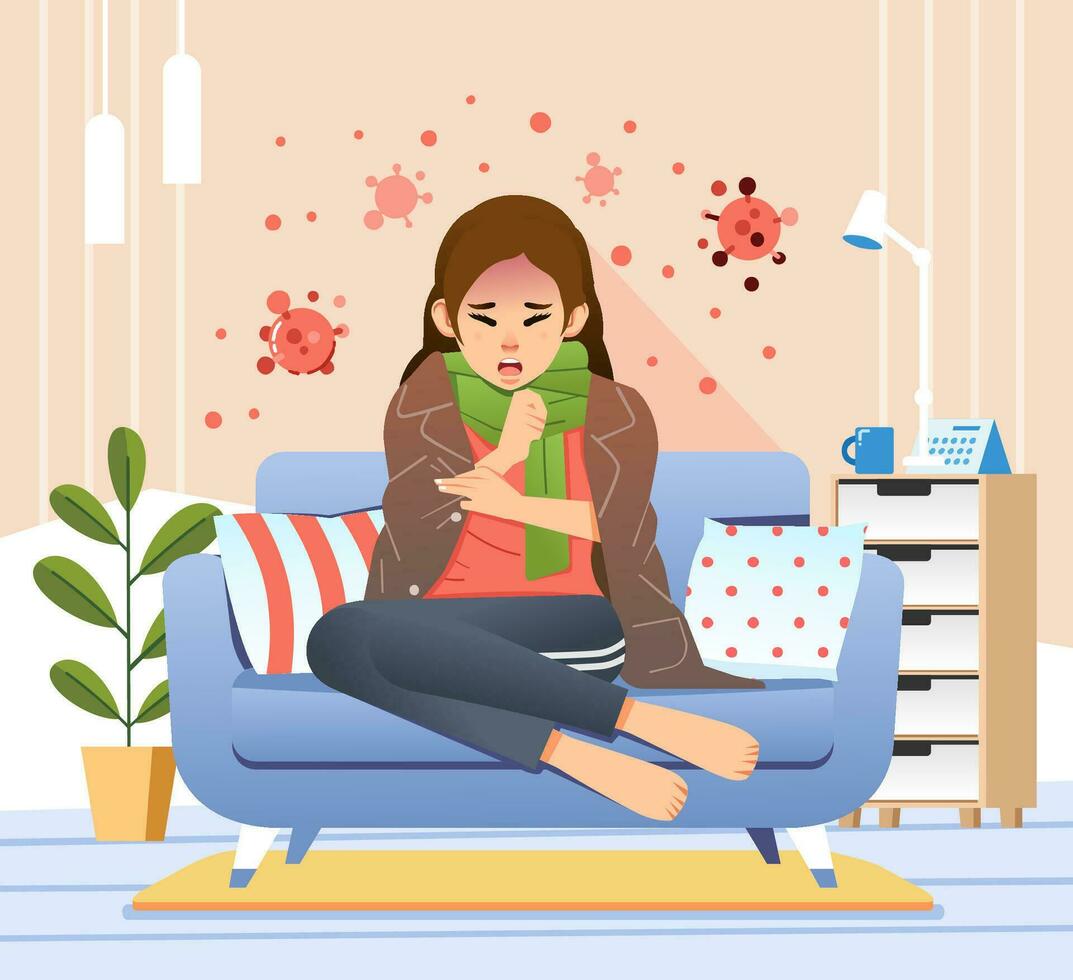 young women  sitting in couch has corona virus symptom like cough and fever vector illustration