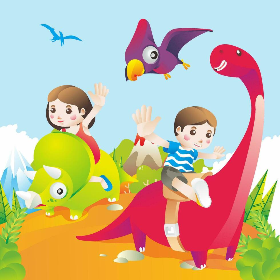 kids riding the dinosaurus vector illustration