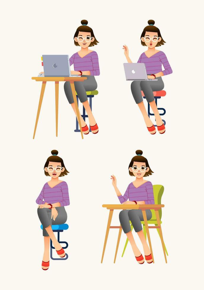 collection of young woman sitting on chair in casual clothes posing with laptop vector illustration
