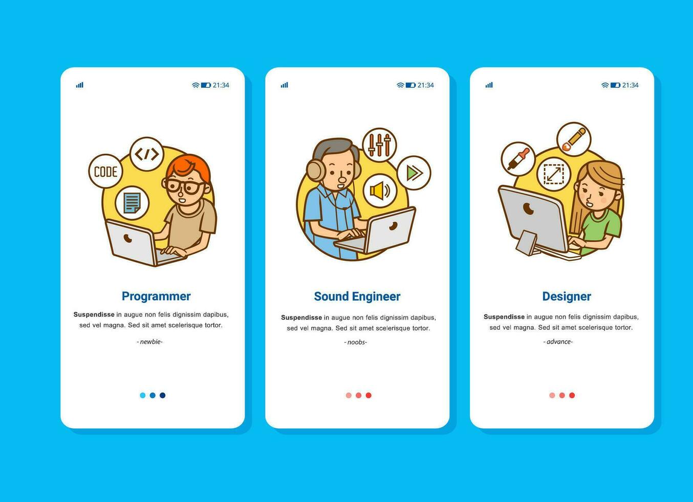 set illustration image of game or animation developer team, consist of programmer, sound engineer and designer vector