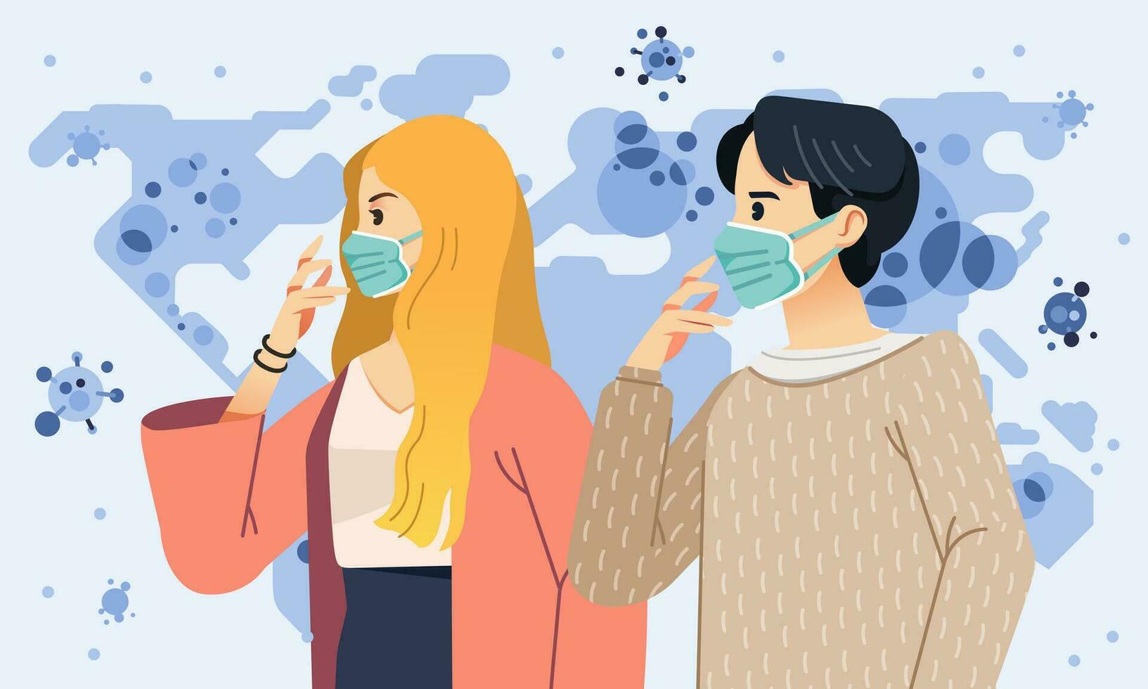 illustration of man and women wearing mask as a awareness of spreading corona virus over the world vector
