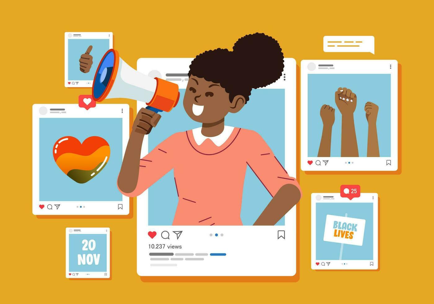 Black woman with megaphone protesting on social media for and defending rights and freedoms No Racism Concept Black lives matter vector