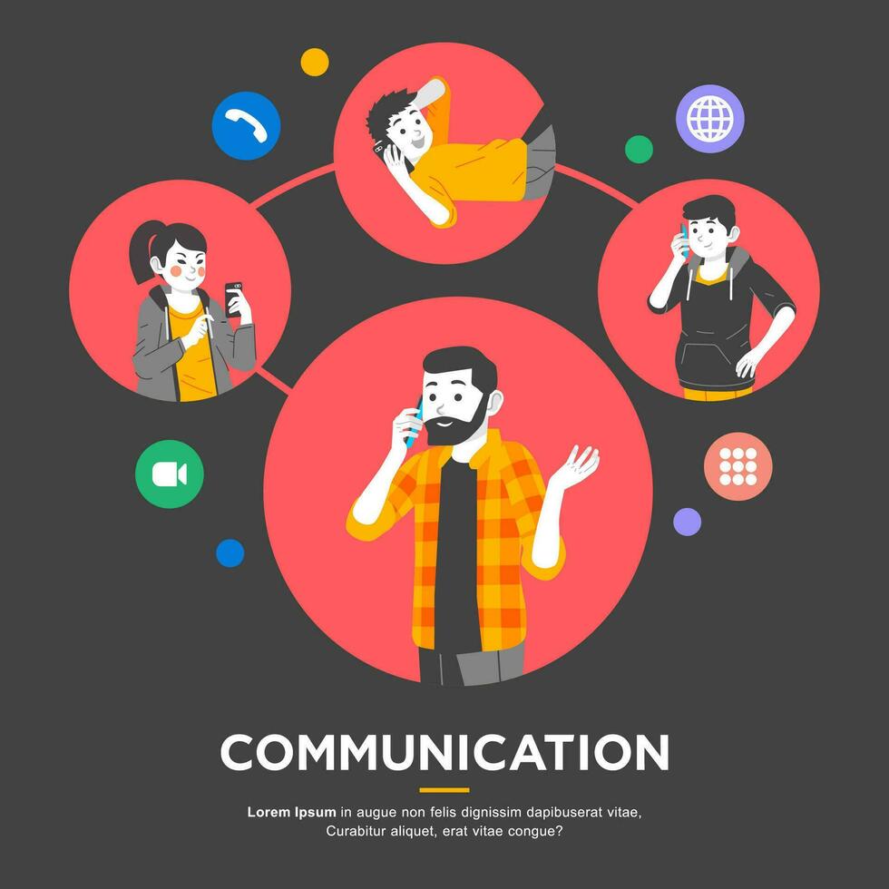 some people man and women doing call conference. people in small bubble and icon of telecommunication aroung the people vector