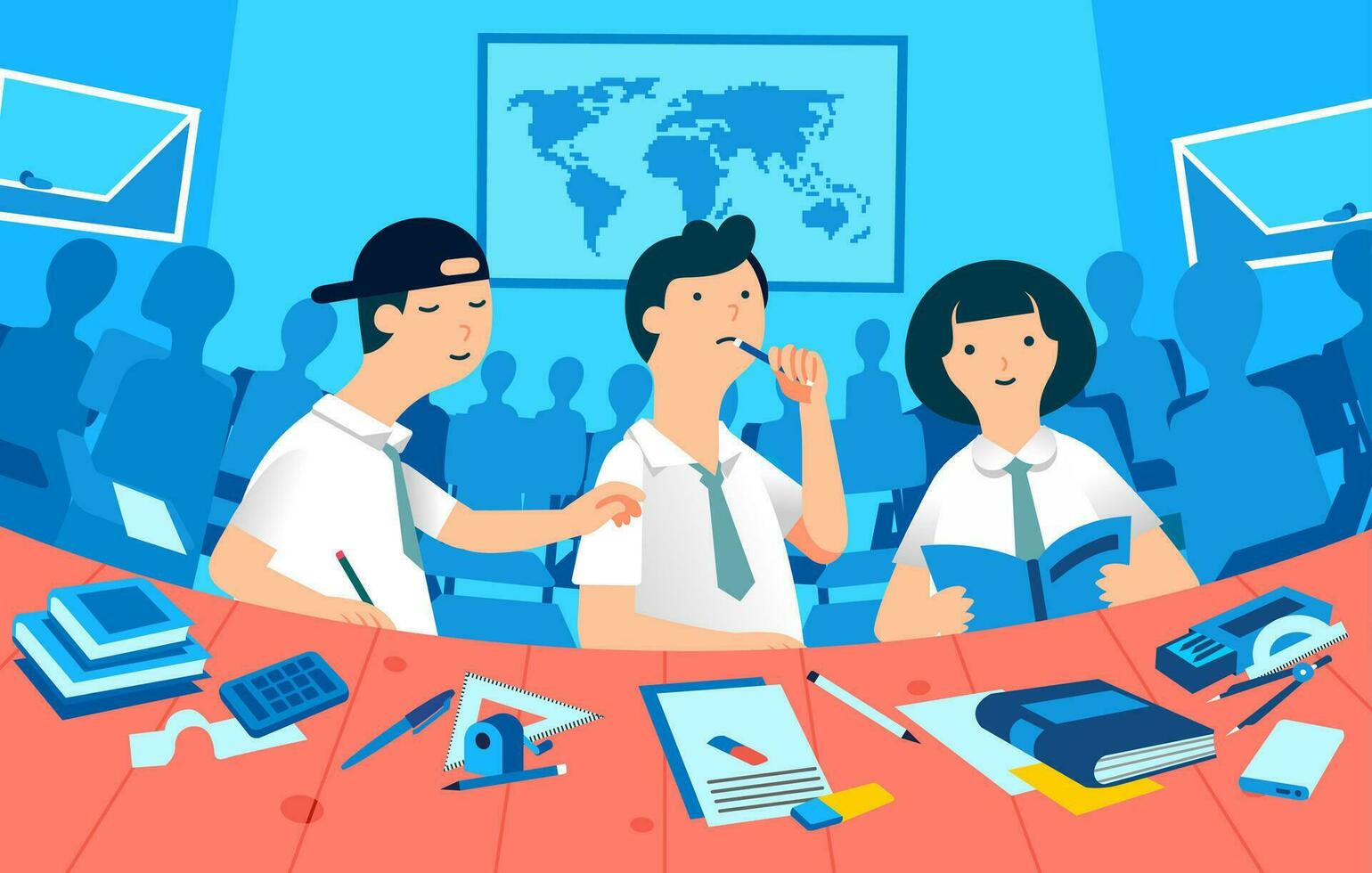 student study in a classroom, three character boys and girl and many classmates silhouette as background vector illustration