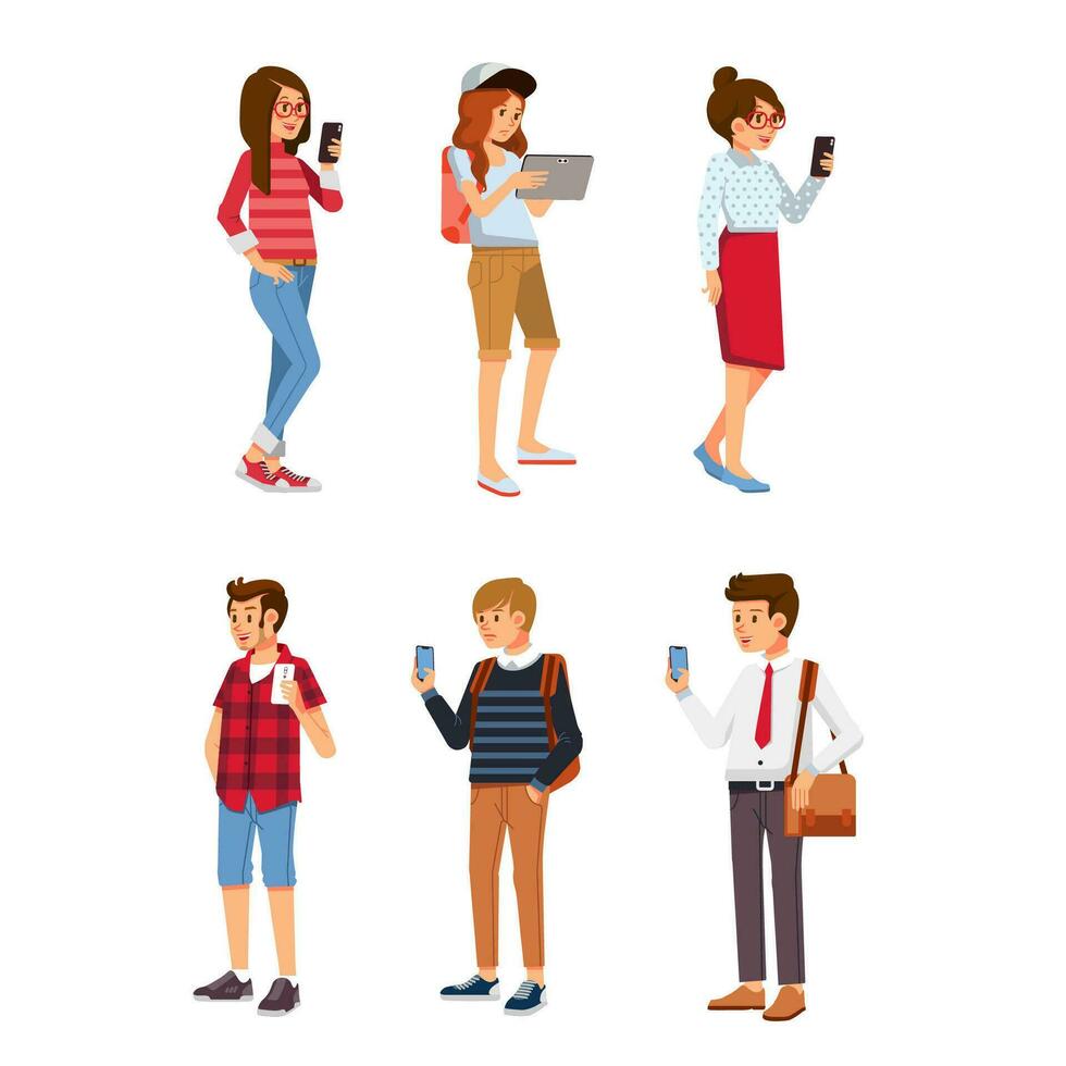 conjunto de joven personas utilizando artilugio. joven hombre y mujer utilizando teléfono inteligente y tableta - vector