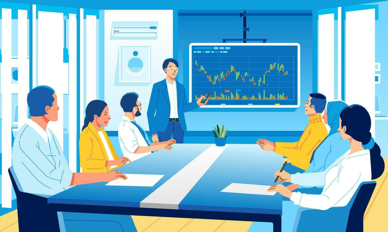 Businessman man woman meeting in office to present project Analytical Data Statistics Financial Reports Company vector