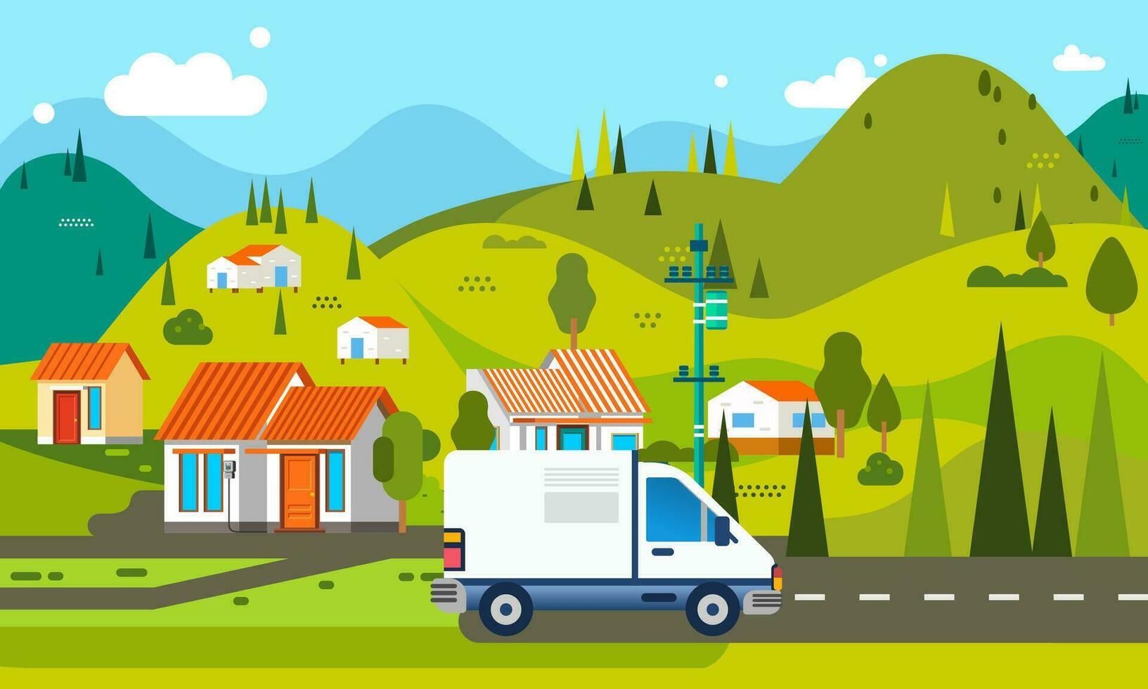 landscape vector illustration of countryside with houses in the hills many tree around, and car in the street vector illustration