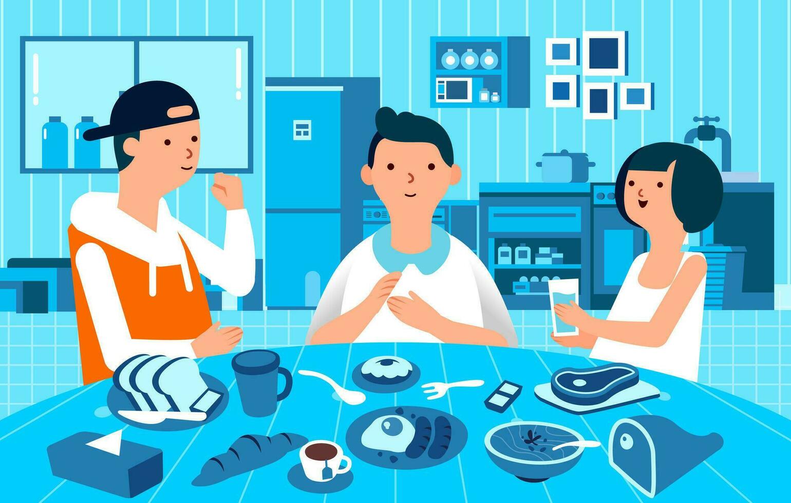 three people character man and women breakfast together, food on the table and monochrome kitchen as background vector illustration