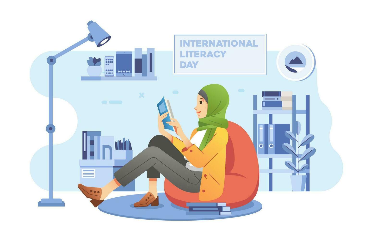 young hijab girl sit on bean bag while reading a book in the living room with home interior as background vector